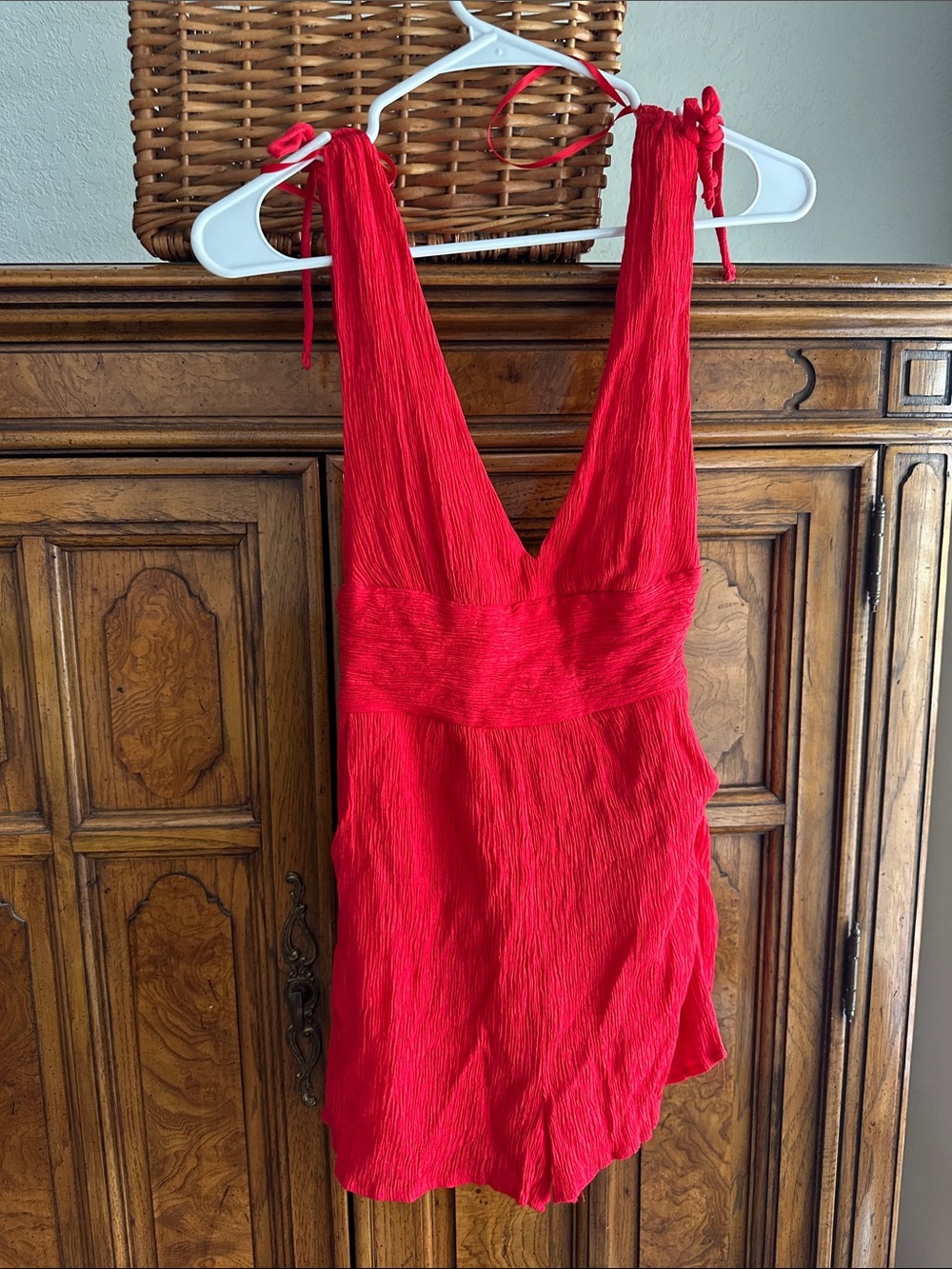 Women’s Red V-Neck Mini Romper with Tie Straps